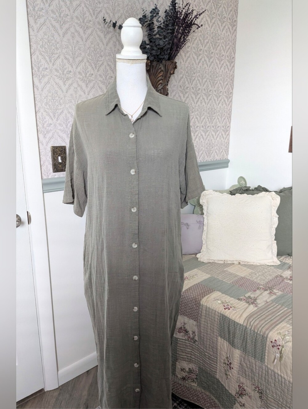 Wearables by XCVI Cotton Gauze Maxi Shirt Dress M Dusty Sage Pockets